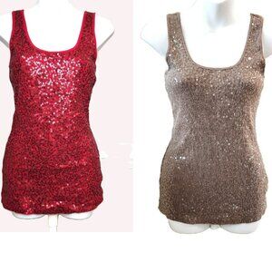 Express Sequin Tanks Red & Tan Lot of 2 Y2K Glam Clubwear Women's Medium